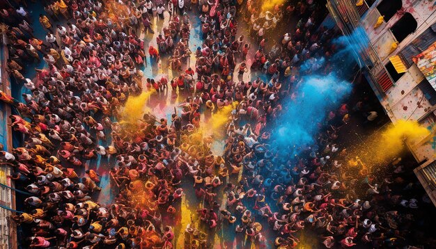 una vista de pájaro de una gran multitud celebrando Holi