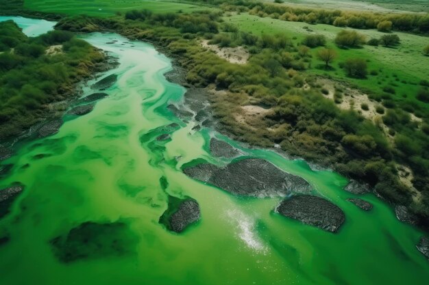 Vista de pájaro de increíbles algas florecientes en el concepto del día de la tierra del río verde