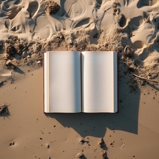 Vista de pájaro de un libro de tapa dura abierto en una playa de arena con olas tocando sus bordes