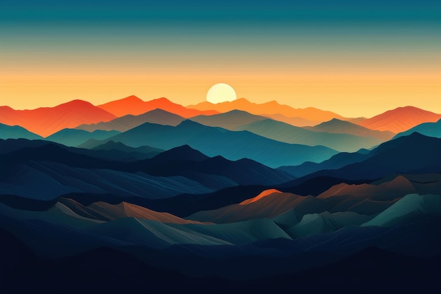 Vista de pájaro de la puesta de sol de las montañas Imagen de ilustración hermosa IA generativa