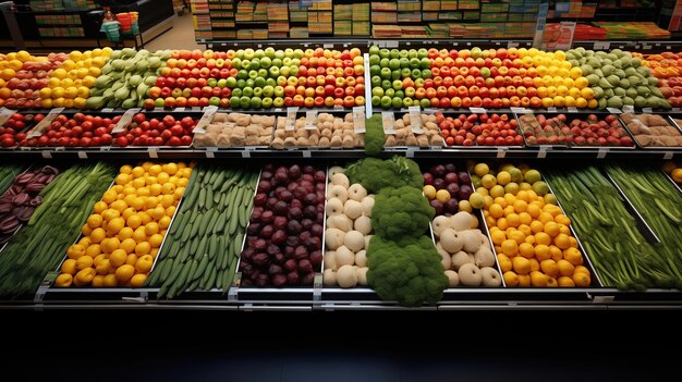 Vista de pájaro de la sección de frutas y verduras en una tienda de comestibles.