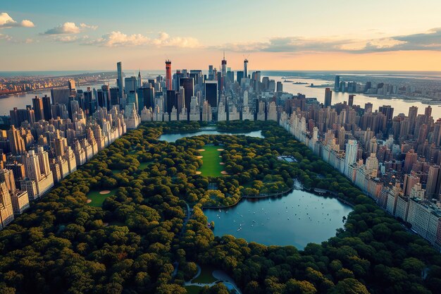 Una vista de pájaro sobre el Parque Central con rascacielos de la naturaleza paisaje urbano