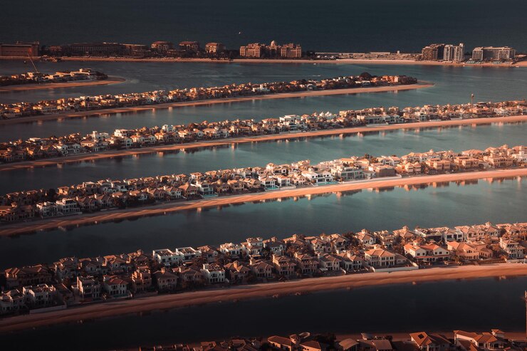 La vista de Palm Jumairah en los Emiratos Árabes Unidos
