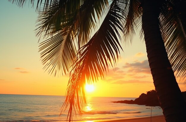 Foto vista de la palma de coco tropical y la puesta de sol en la palma de la playa