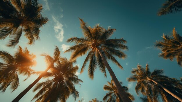 Vista de palmeras desde abajo en el cielo azul fondo de vacaciones de verano de estilo retro vintage