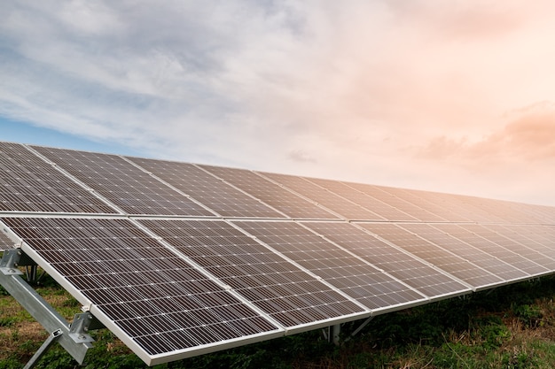 Vista de paneles solares bajo el soleado cielo azul