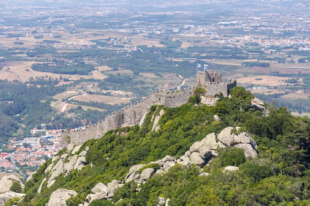 Foto vista panorama, de, moorish, caslte, em, sintra, portugal