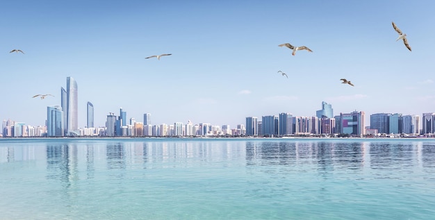 Vista panorámica de Abu Dhabi Skyline EAU con rascacielos y mar con gaviotas