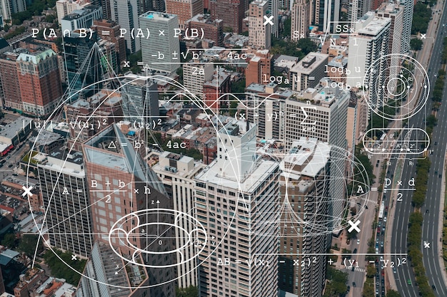 Vista panorámica aérea de la ciudad Área del centro de Chicago durante el día Illinois EE. UU. Vista de pájaro rascacielos horizonte Concepto de educación Investigación académica universidades de primer nivel holograma