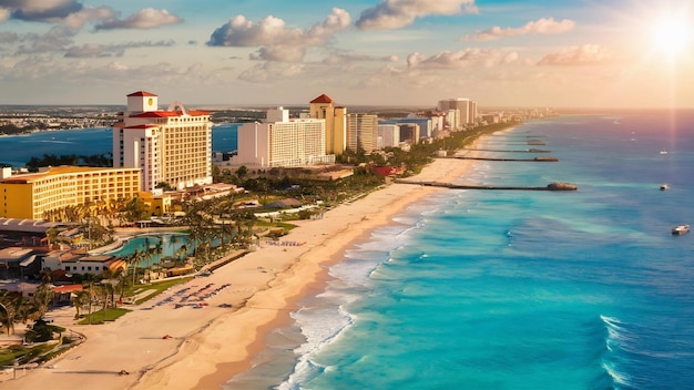 Vista panorámica aérea de la playa de Cancún y la zona hotelera de la ciudad en México paisaje de la costa caribeña de
