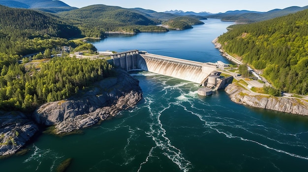 Vista panorámica aérea de la presa hidroeléctrica en el río Generative Ai