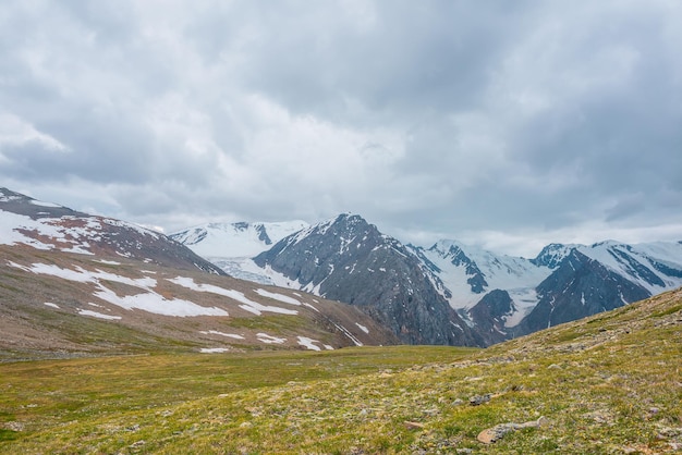 Vista panorámica alpina desde una colina cubierta de hierba verde iluminada por el sol hasta una alta cordillera nevada con cimas afiladas y glaciares bajo un cielo nublado gris Paisaje colorido con grandes montañas nevadas en un clima cambiante