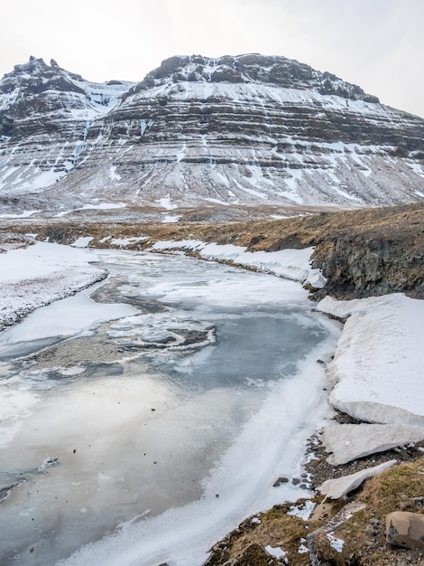 Vista panorámica alrededor de la cascada de Kirkjufellfoss en el norte de Islandia y el estanque de hielo resbaladizo