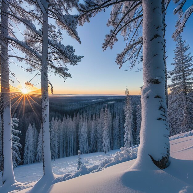 Vista panorámica de los árboles cubiertos de helada en las nevadas Bosque mágico de invierno Paisaje natural con hermoso cielo