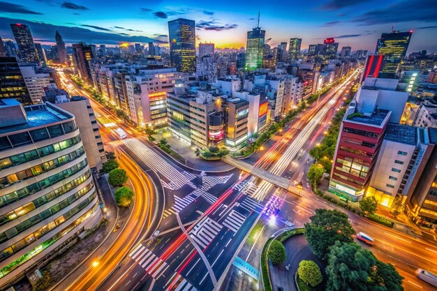 Vista panorámica del área de Shibuya de Tokio con senderos de luces de automóviles por la noche