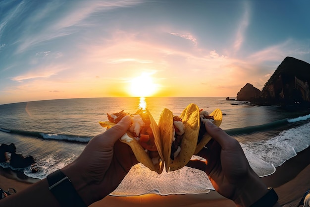 Vista panorámica del atardecer sobre el mar con tacos en mano creados con ai generativo