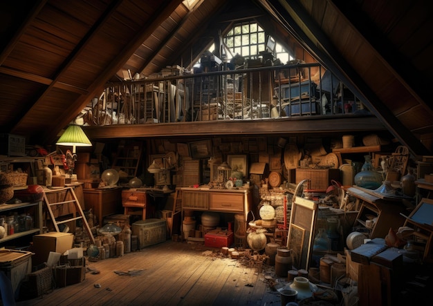 Una vista panorámica del ático de un coleccionista lleno de cajas polvorientas y tesoros olvidados