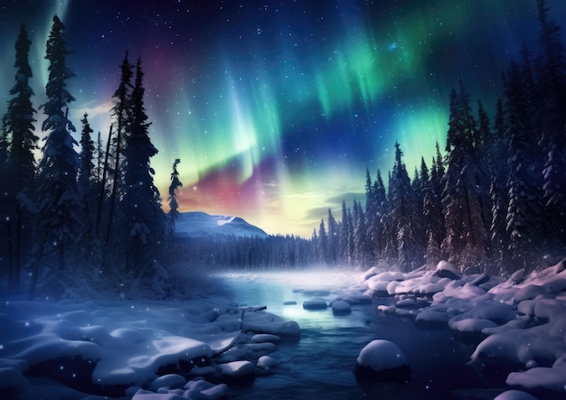 Una vista panorámica de la aurora boreal sobre un paisaje cubierto de nieve