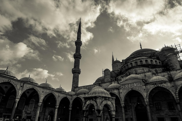 Vista panorámica en blanco y negro de la hermosa Mezquita Azul en Estambul