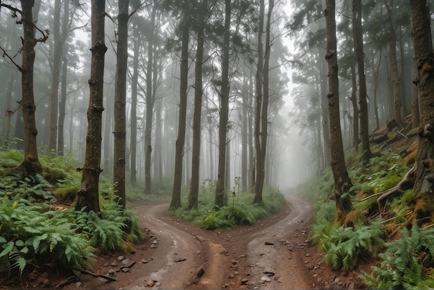 Una vista panorámica de un bosque brumoso revela una sinuosa carretera de montaña que desaparece en la niebla
