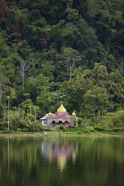 Vista panorámica del bosque y el lago con pequeña mezquita.