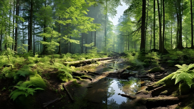 Una vista panorámica de un bosque prístino con una diversidad de flora y fauna