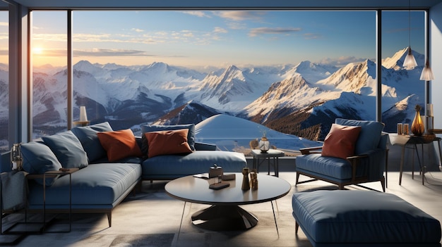 Vista panorámica de una cadena montañosa desde una sala de estar con un sofá y una mesa de café con IA generativa.