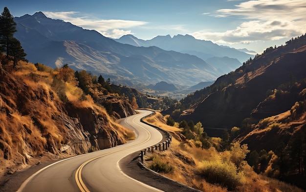 Una vista panorámica de un camino sinuoso en las montañas AI