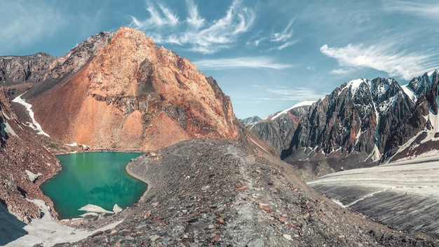 Vista panorámica del campamento base en la orilla del Lago Azul de gran altitud y el glaciar Bolshoy Aktru. Montañas de Altai, Rusia.