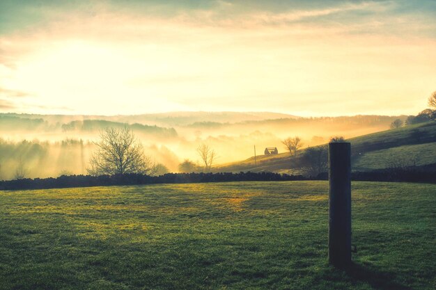 Foto vista panorámica del campo contra el cielo durante la puesta de sol