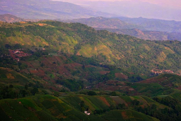 Vista panorámica del campo contra las montañas