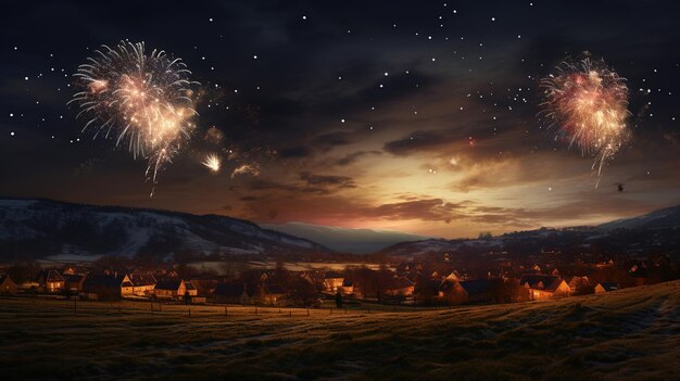 Vista panorámica del campo con fuegos artificiales para dar la bienvenida a la víspera de Año Nuevo
