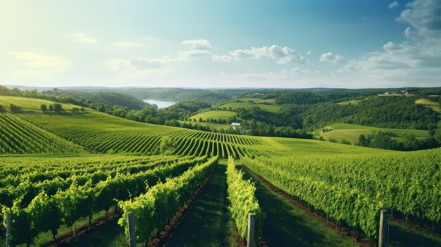 Vista panorámica de un campo verde con filas de viñas uvas maduras para la producción de vinos finos