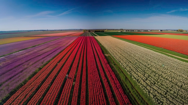 Vista panorámica de los campos de tulipanes en flor en un vasto paisaje generado por IA