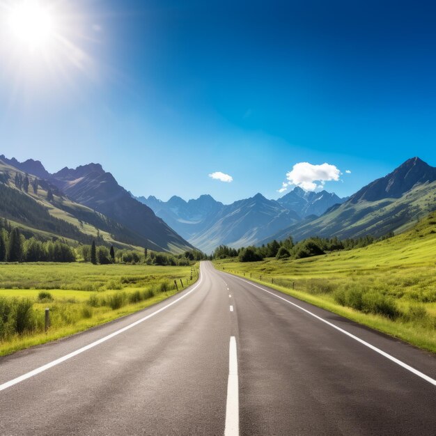 Vista panorámica de una carretera de asfalto vacía a través de campos verdes y montañas bajo un cielo azul brillante