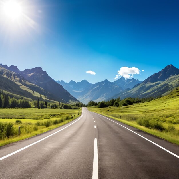 Vista panorámica de una carretera de asfalto vacía a través de campos verdes y montañas