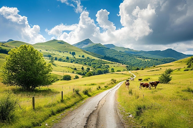 Vista panorámica de una carretera rural que cruza el pasto con vacas en la montaña de los Alpes franceses