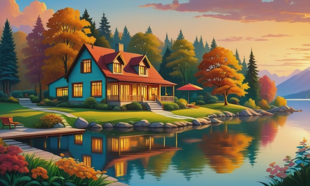 una vista panorámica de la casa junto al lago durante la hora dorada