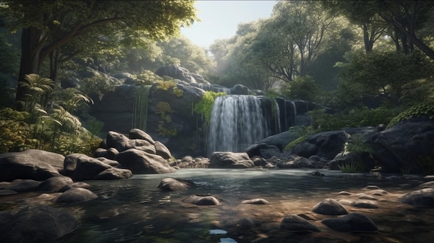 Vista panorámica de una cascada de bosque profundo sereno y pacífico