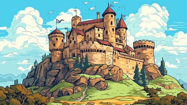 Foto vista panorámica del castillo histórico concepto de fantasía pintura de ilustración