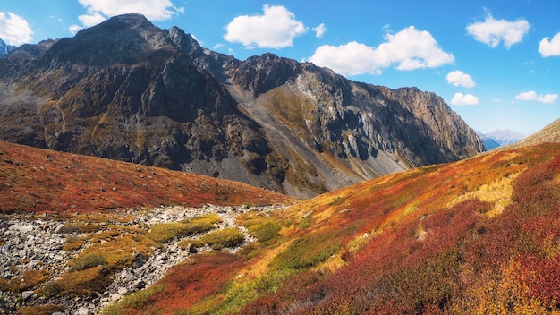 Vista panorámica del cauce de piedra en las tierras altas alpinas de otoño. El cauce del río sin agua, la sequía en el otoño. El cauce del río está empedrado.