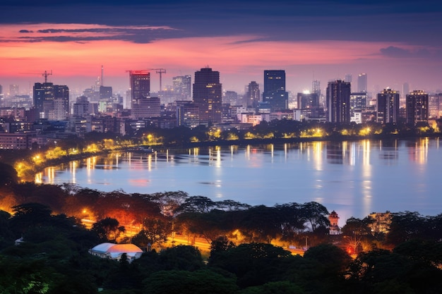 Vista panorámica de la ciudad de Bangkok en el crepúsculo, Tailandia, horizonte urbano de Hanoi, paisaje urbano en el período del crepúsculo, parque Cau Giay al oeste de Hanoi, generado por IA