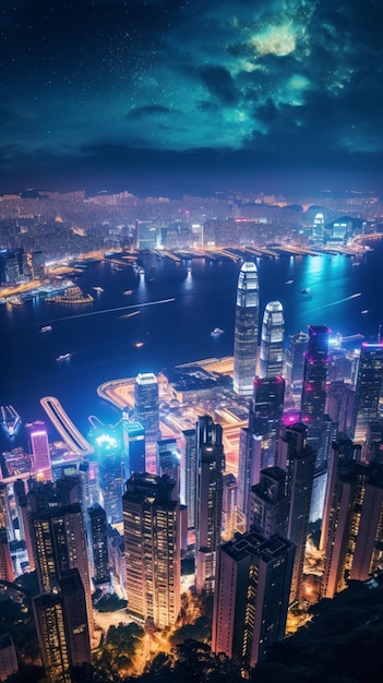 Vista panorámica ciudad horizonte noche luces coloridas fotografía imagen AI generado arte