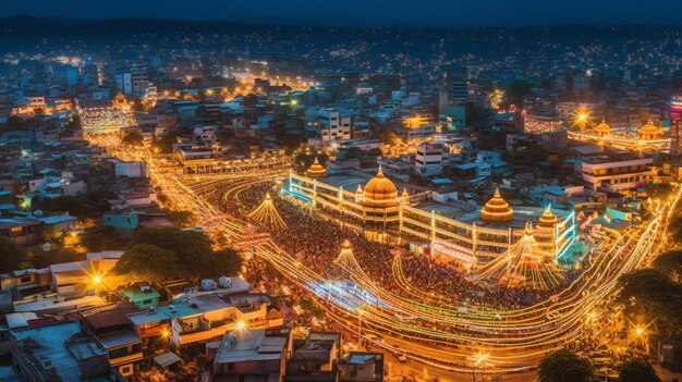 Una vista panorámica de una ciudad india iluminada con luces festivas