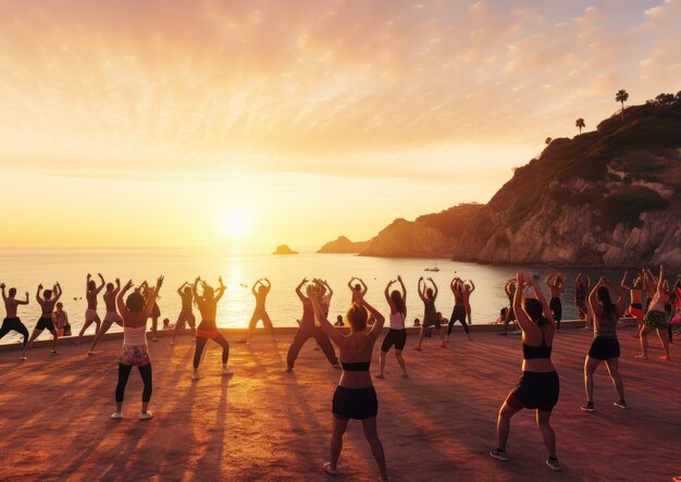 Foto una vista panorámica de una clase de zumba en una playa al atardecer con la luz de la hora dorada proyectando una cálida