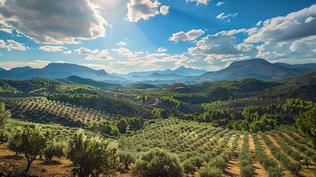 Vista panorámica de colinas con olivares bajo un cielo azul con nubes paisaje rural perfecto para fondos AI