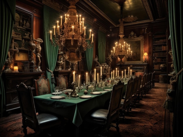 Vista panorámica de un comedor con muebles, una mesa y un armario francés a la luz de las velas ilumina la habitación IA generativa