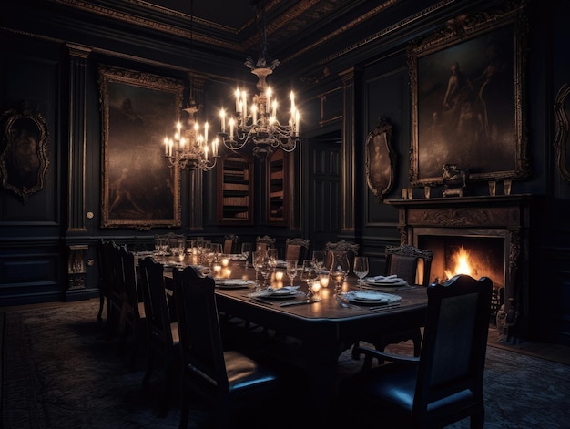 Vista panorámica de un comedor con muebles, una mesa y un armario francés a la luz de las velas ilumina la habitación IA generativa