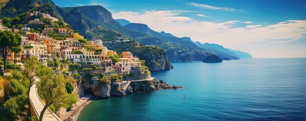 Vista panorámica de la costa de Amalfi sobre colinas con flores y mar Campania Italia ai generativo