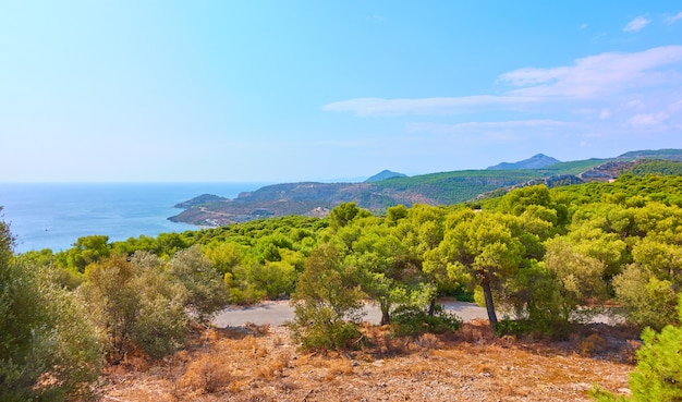 Vista panorámica de la costa de la isla de Egina en la zona de la ciudad de Agia Marina, Islas Sarónicas, Grecia
